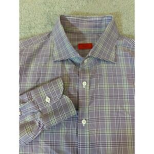 Isaia Napoli Dress Shirt Mens 17/43 Purple Plaid Cotton Made Italy Spread Collar